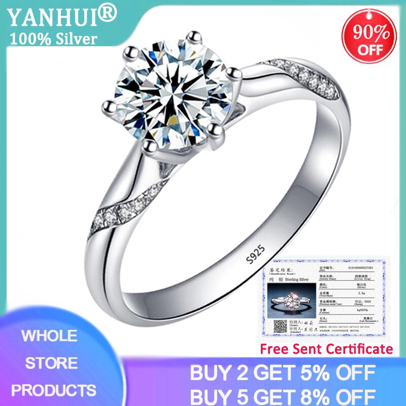 Met Certificaat Effen S925 Zilver Kleur Sieraden Engagement Ringen Voor Vrouwen Ronde 1 Carat Lab Diamond Wedding Band