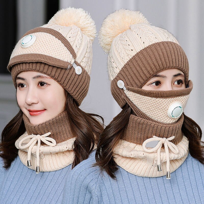 Vindtät mössa mössor dam varma stickade mössor scarf set dam vinter vadderad mask halsskydd 3 pc set cykling ullkepsar: Ställ in beige