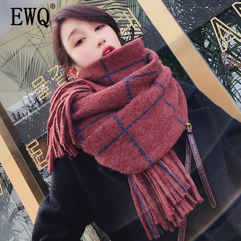 [EWQ] Winter Shawl Plaid Patchwork Thick Keep Warm Knitting Long Plaid Korea Scarf Woman Wool Spinning 19C-a17-02-0
