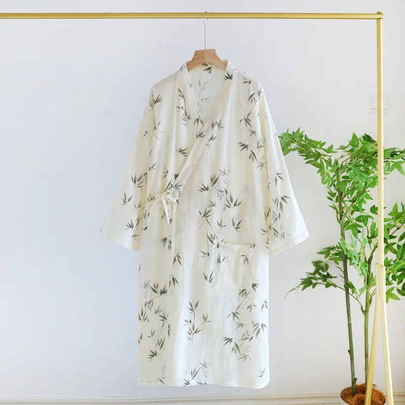 Katoenen Bamboe Bedrukte Nachtkleding Badjassen Voor Dames Lente En Zomer Dubbellaags Dunne Huiskleding Pyjama Gewaden: L / Beige