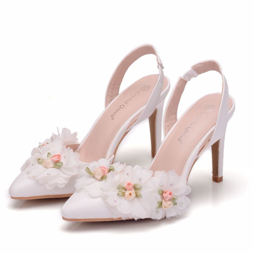 Crystal Queen blanco encaje flor zapatos de boda de novia punta fina zapatos y vestido de novia tacón alto 10cm dos tipos sandalias de mujer bombas