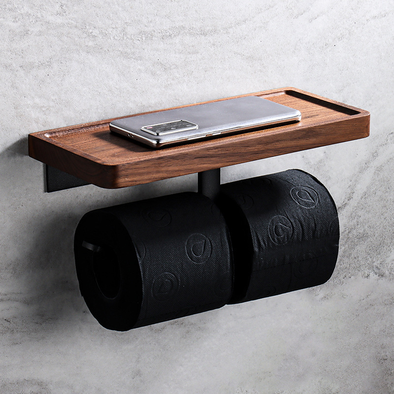 HeMu Solid Wood Tissue Holder Without Punching, Toilet Paper Box, Toilet Phone Storage Rack, Walnut Roll Paper Holder Simple