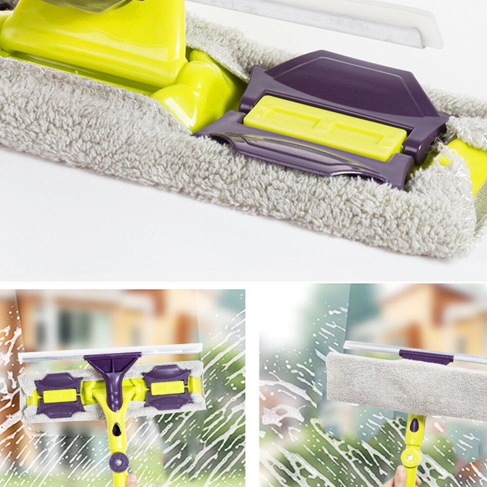 Silicone Glass Cleaning Tool Double-Sided Telescopic Rod Window Cleaner Squeegee Wiper Long Handle Rotating Head Brush Scrubbe