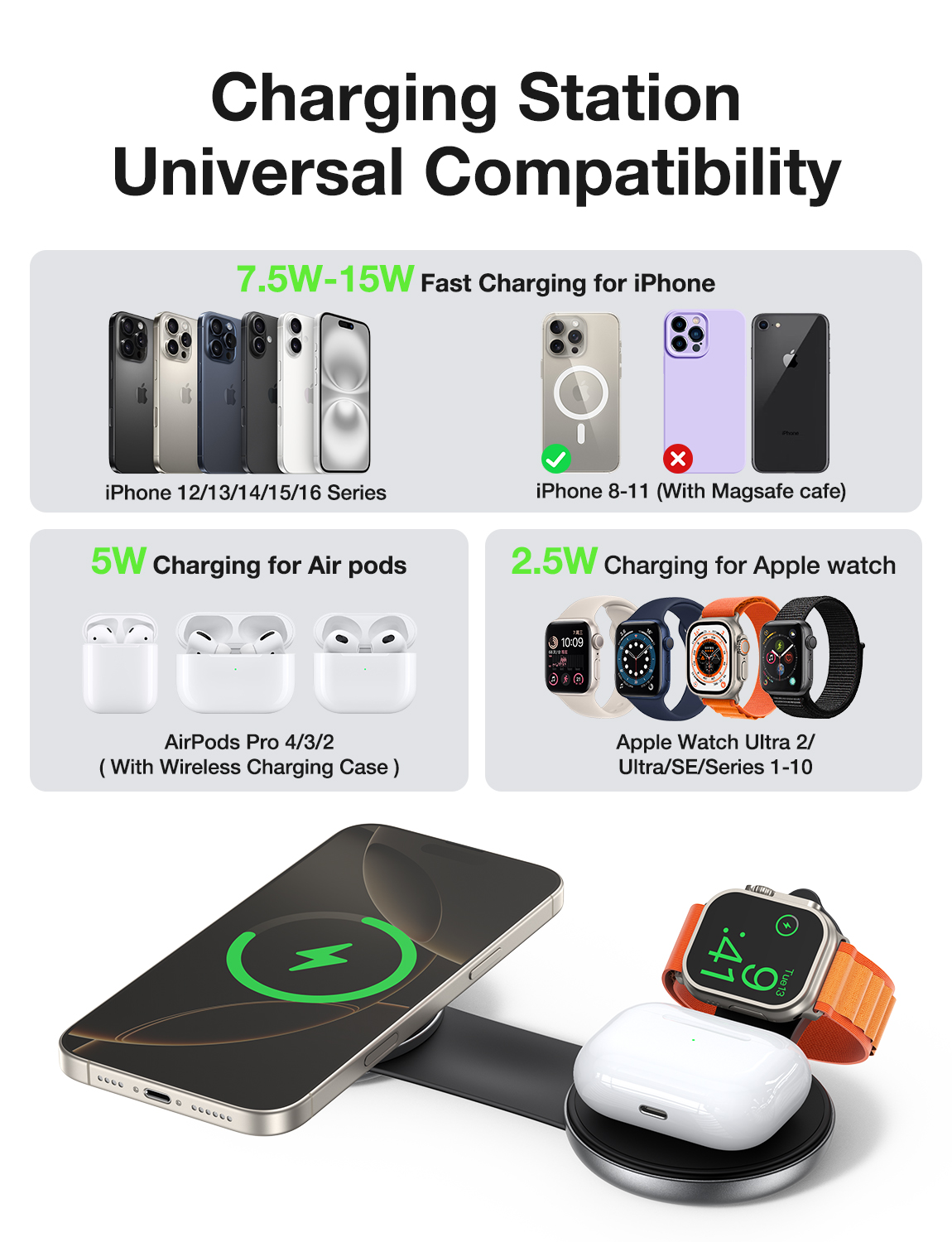 AUFU 3-in-1 draadloos laadstation Snel magnetisch opvouwbaar reisladerstation voor iPhone 16 15 14 Pro Apple Watch Airpods