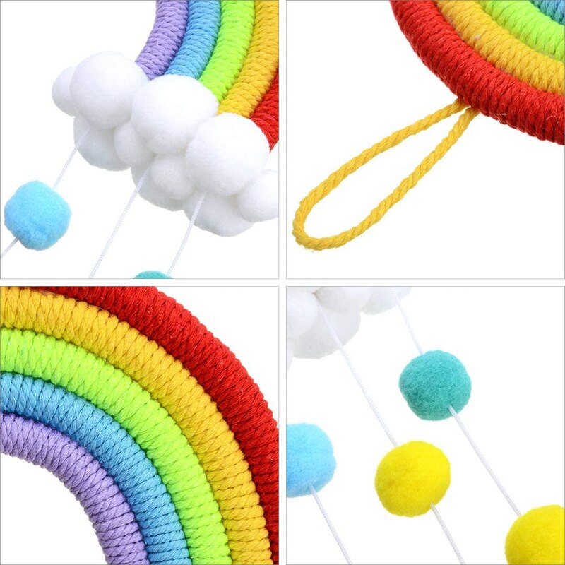 Färgglad regnbåge macrame vägghängande dekoration bomull tofs barnrum inredning boho barnkammare studenthem vävd pom pom boll prydnad