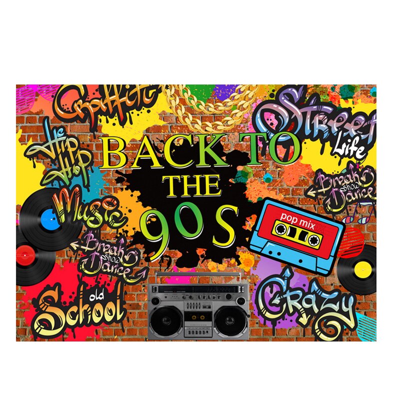 90’S Backdrop Hip Hop Graffiti Brick Wall Retro Radio Photography Background Back to The 90’S Themed Party Banner Decor: Vinyl 125x80cm