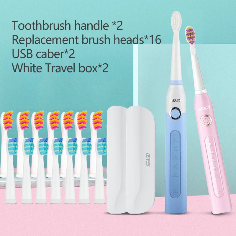 SEAGO Sonic Electric Toothbrush Adults Timer 5 Modes USB Rechargeable Tooth Brush Replacement Brush Head Nozzles Box SG-507: pinkblue5head1box