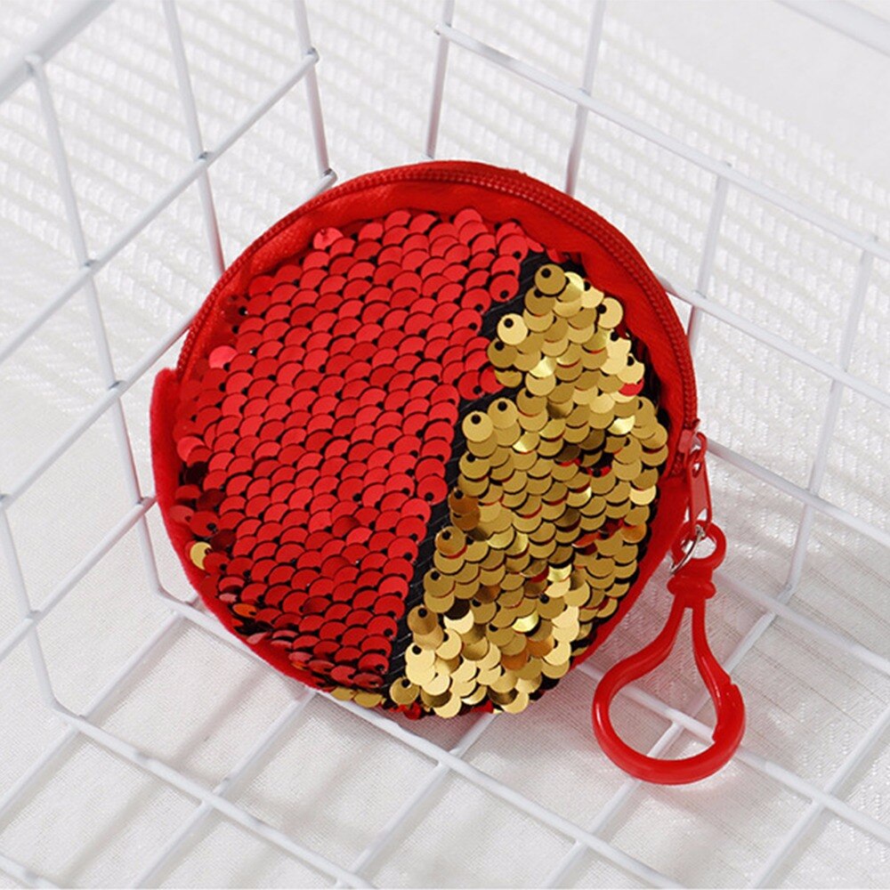 Women Kids Sequins Coin Purse Portable Round Zipper Purse Bags Pocket KeyChain Glittering Party Handbag Earphone Package