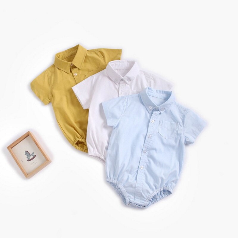2022 novo verão bebê menino bodysuit manga curta branco amarelo azul cor sólida macacão infantil camisas formais chlid roupas e9011