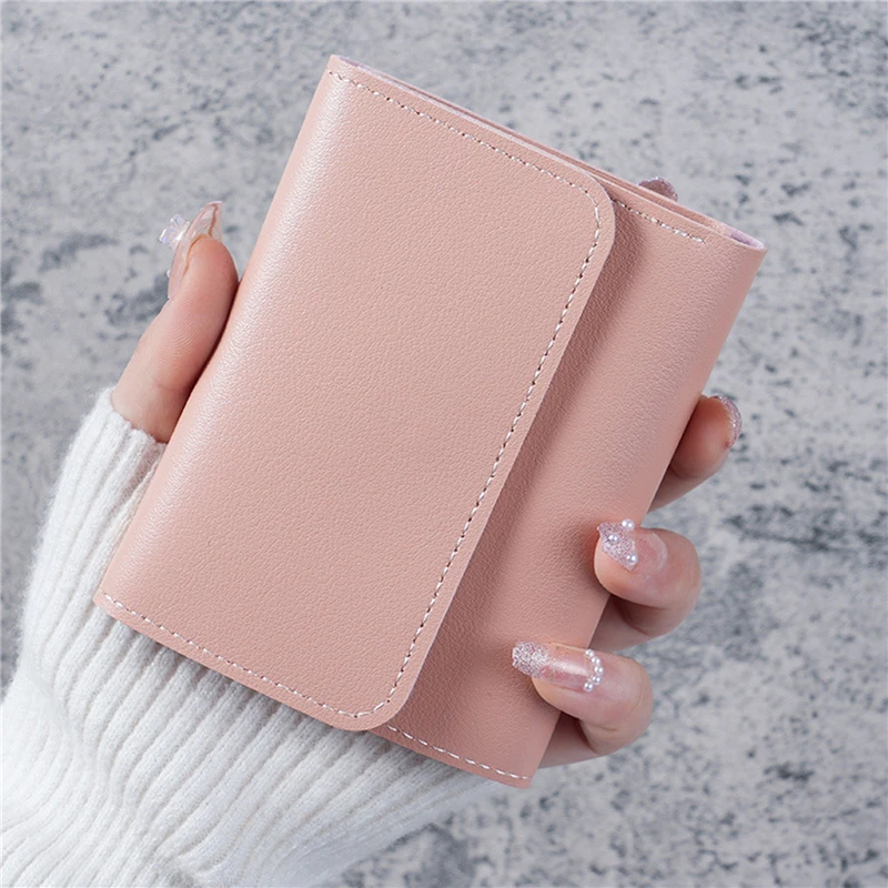 Cute PU Leather Short Wallet for Women Small Hasp Girl Credit Card Holder for Coin Purse Female Wallet Short Purse for Women: Pink