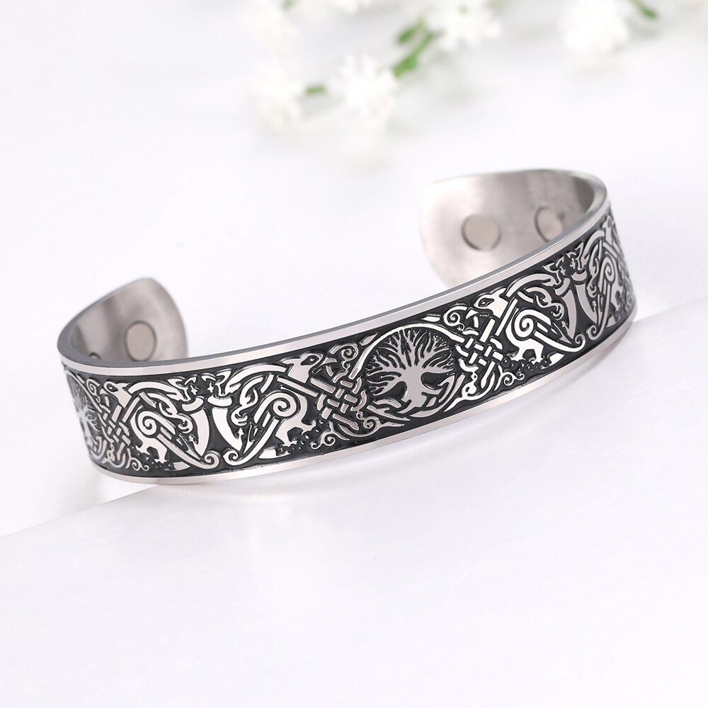 Skyrim – Bracelet Viking en acier inoxydable pour hommes et femmes, bijoux à nœuds d&#39;amour sans fin, arbre de vie, oiseaux, manchette de thérapie magnétique,
