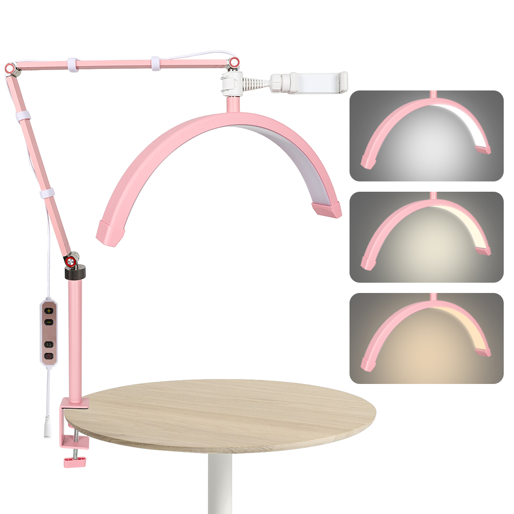 Halve maanlicht 16 inch wimperlicht met telefoonhouder LED-bureaulamp met klem dimbaar 3 lichtmodi Lash Tech licht voor nagel: Roze