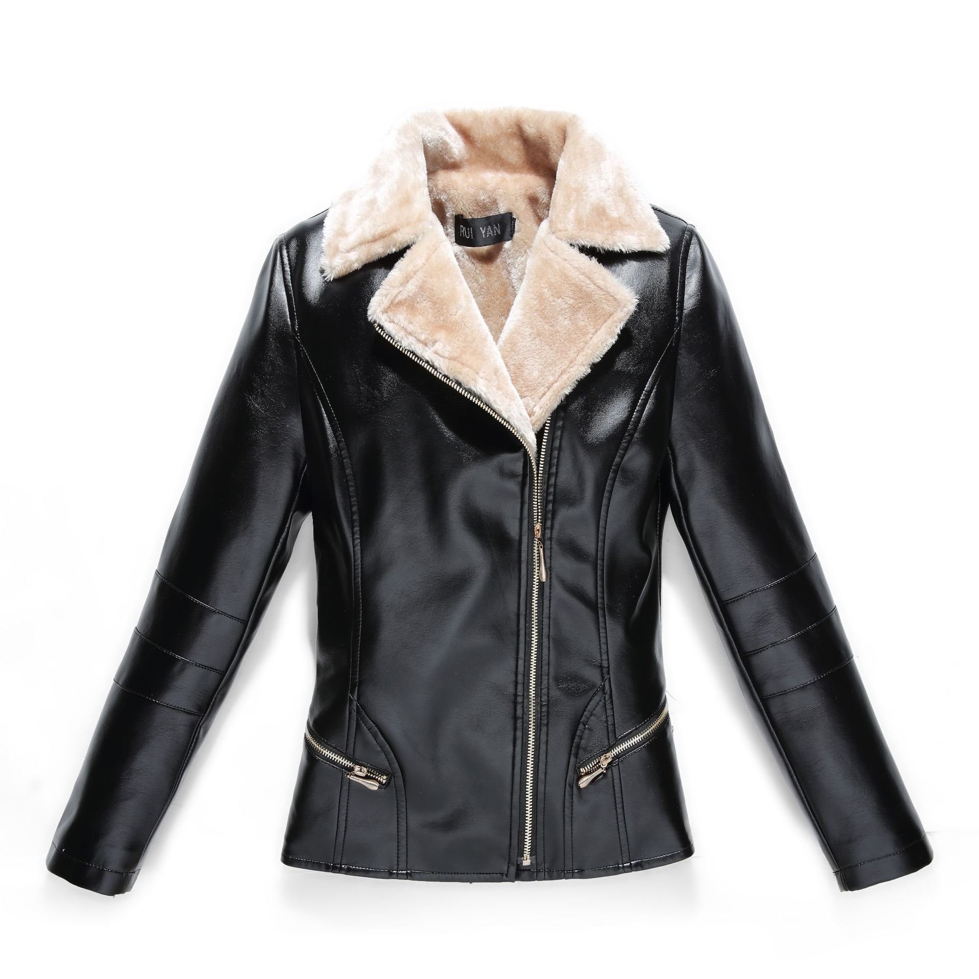 Women winter leather jacket plus velvet Outwear fur one zipper abrigo chamarras de mujer jaqueta de couro feminino