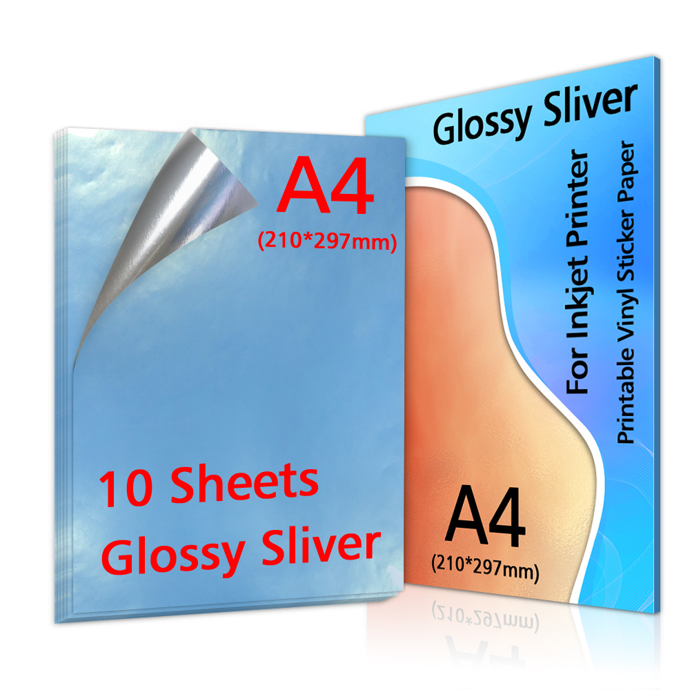 10/20/30/40/50/100 Sheets Transparant Printable Vinyl Sticker Papier A4 Waterdichte Zelfklevende kopieerpapier Voor Inkjet Printer: 10-Glossy Silver