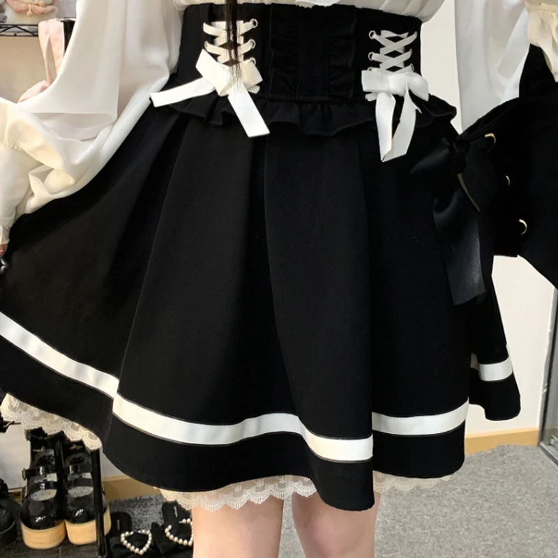 Japansk kawaii lolita mini nederdel kvinder høj talje pink blå bandage fe  y2k æstetisk nederdel afslappet sød flæsenederdel: Blå