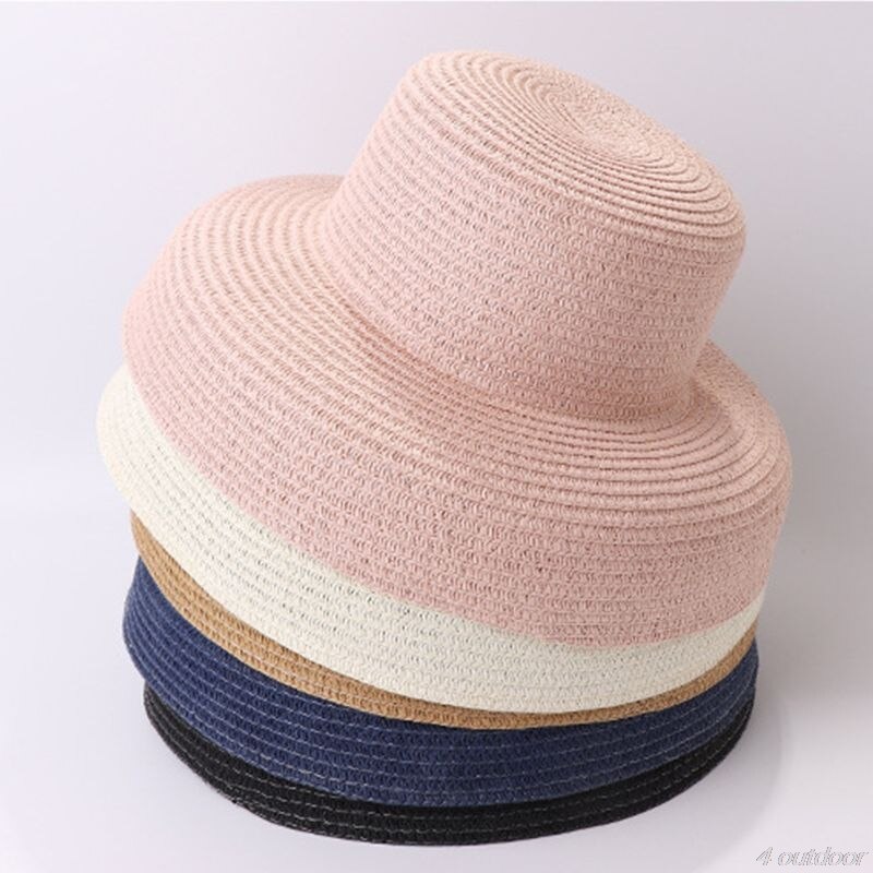 Women Summer Vintage Hepburn Straw Sun Hat Bell Shaped Wide Brim Solid Color UV Protection Travel Floppy Beach Cap M12 21