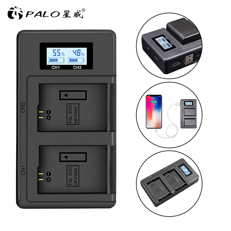 PALO NP-FW50 Display LCD Ricaricabile Li-Ion Battery Charger 2-Slot con Cavo USB per Sony Alpha A7 A7R A7S a5000 A6000 ect