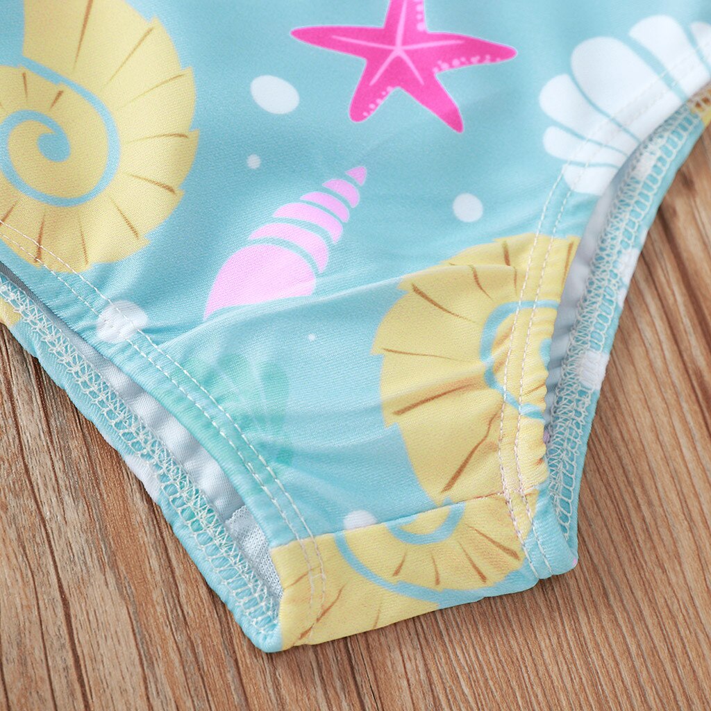 Swimsuit For Girls One-Piece Sleeveless Cartoon Print Ruffle Shoulder Strap Bikini Beachwear Bathing Children's Swimwear