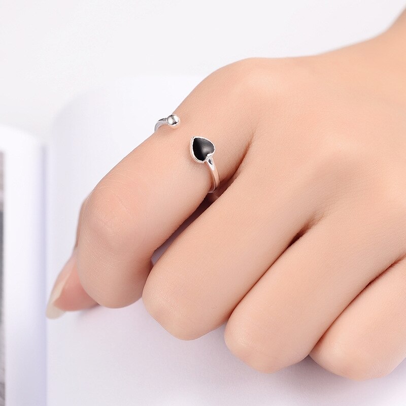 Hart zwart glazuur 925 sterling zilver temperament literaire persoonlijkheid vrouwelijk aanpasbare openingsringen sri 130
