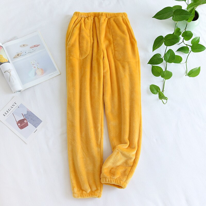 Pijamas de franela de pierna cerrada para mujer, pantalones cálidos para el hogar, Color sólido, holgados y Pijama gruesa, franela femenina: orange / L