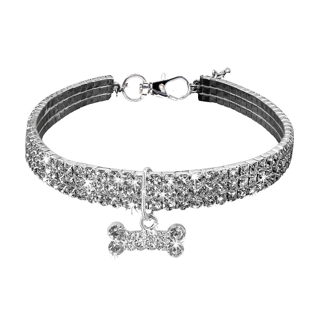 Collares bonitos para perros de compañía, Mini collares ostentosos con diamantes de imitación, collar para perro, hueso de perro, suministros para mascota de diamantes: Plata / S