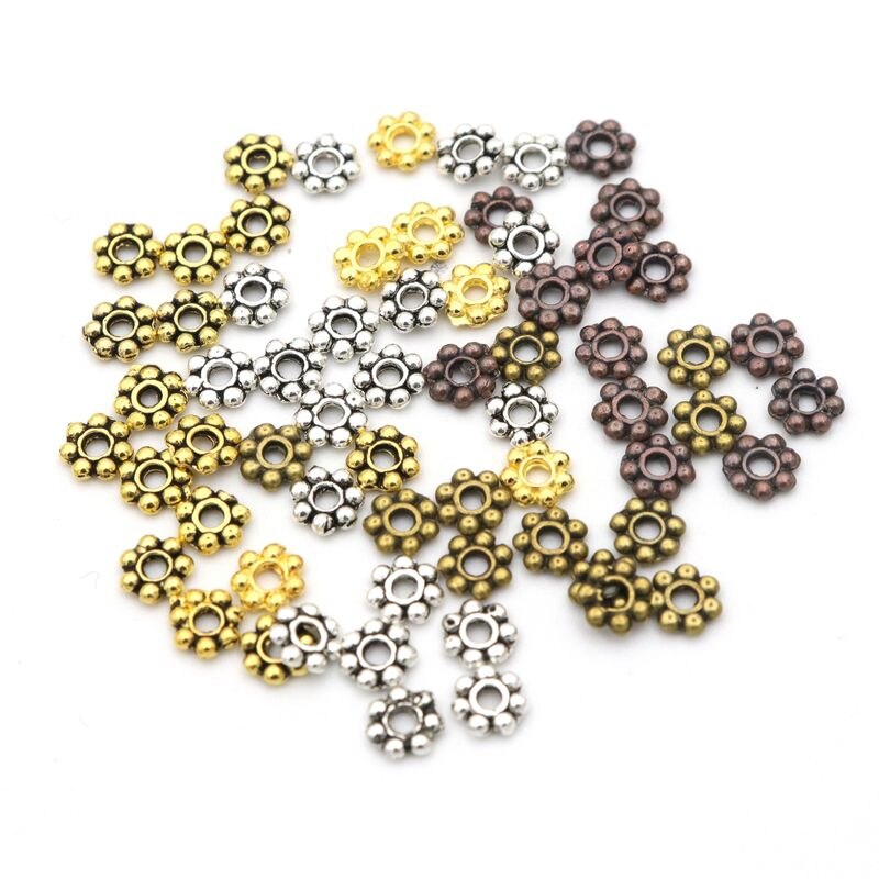 Marguerite de roue, charme de fleurs, marguerite, couleur or argenté tibétain, 4mm, perles métalliques avec espacement ample, pour la fabrication de bijoux, accessoires d'aiguilles, 1000 pièces: Uneven mix