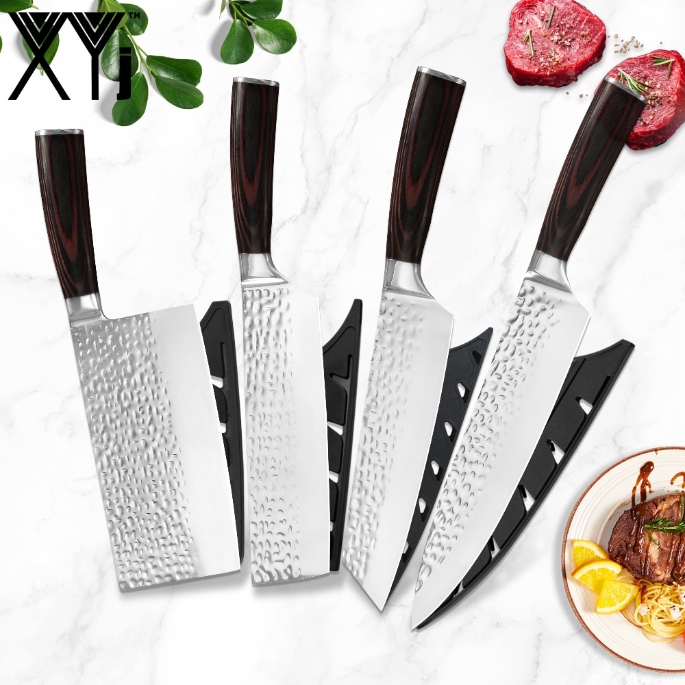XYj 4 Pcs Forged Kitchen Knives Set 7cr17 Stainless Steel Blade Color Wood Handle Nakiri Cleaver Chef Knife Sheath Cover