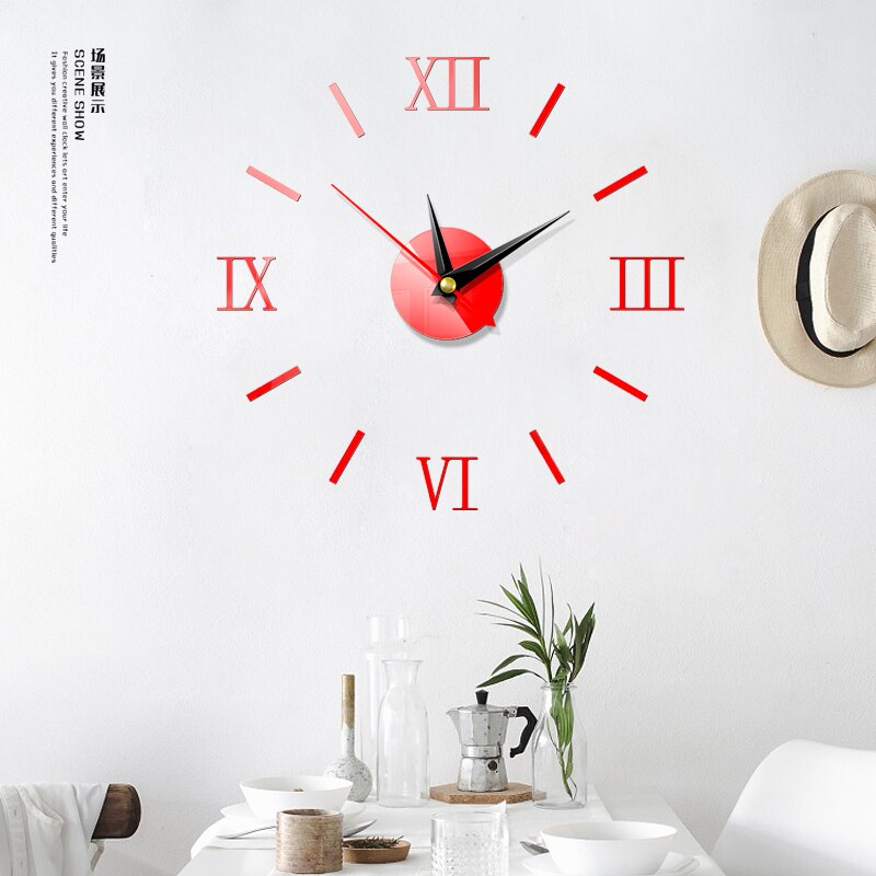Home Decoration Modern Wall Clocks Wall Sticker DIY Wall Sticker Clock 3D Big Mirror Clock Wall Stickers: Red