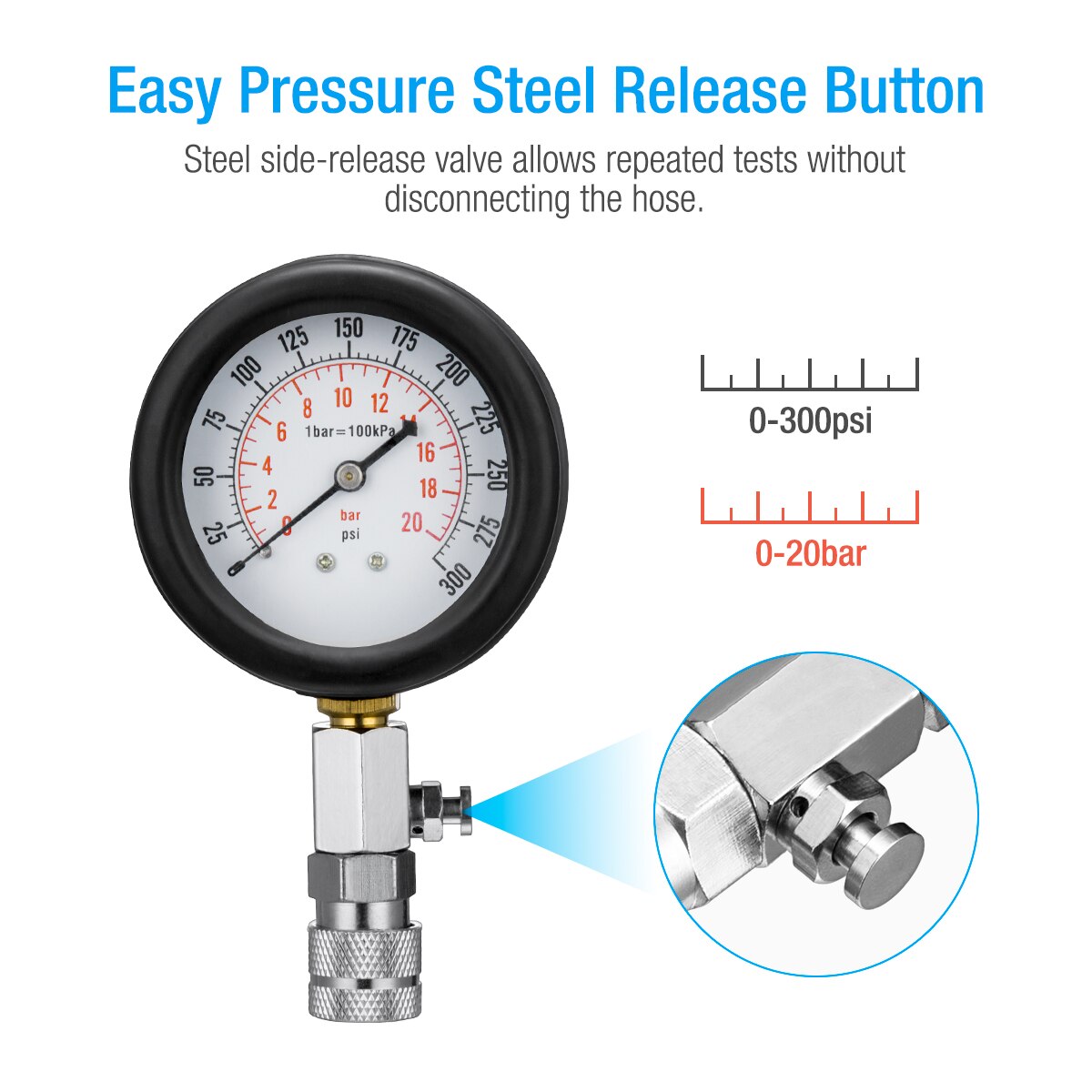 Car Pressure Gauge Cylinder Compression Tester from 0-20 Bar or 0-300 psi Compression Gauge Tester with M10 M12 M14 M18 Adapter