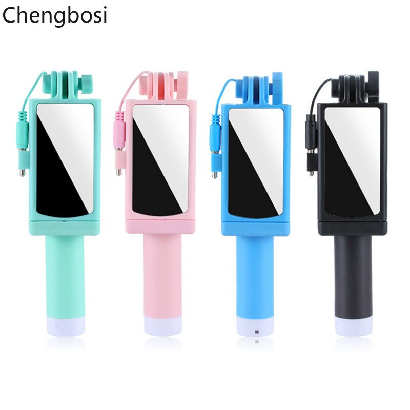 Universal wired selfie stick with mirror for iphone 6 5 xiaomi android phone, candy monopod, palo selfie stick tripod holder