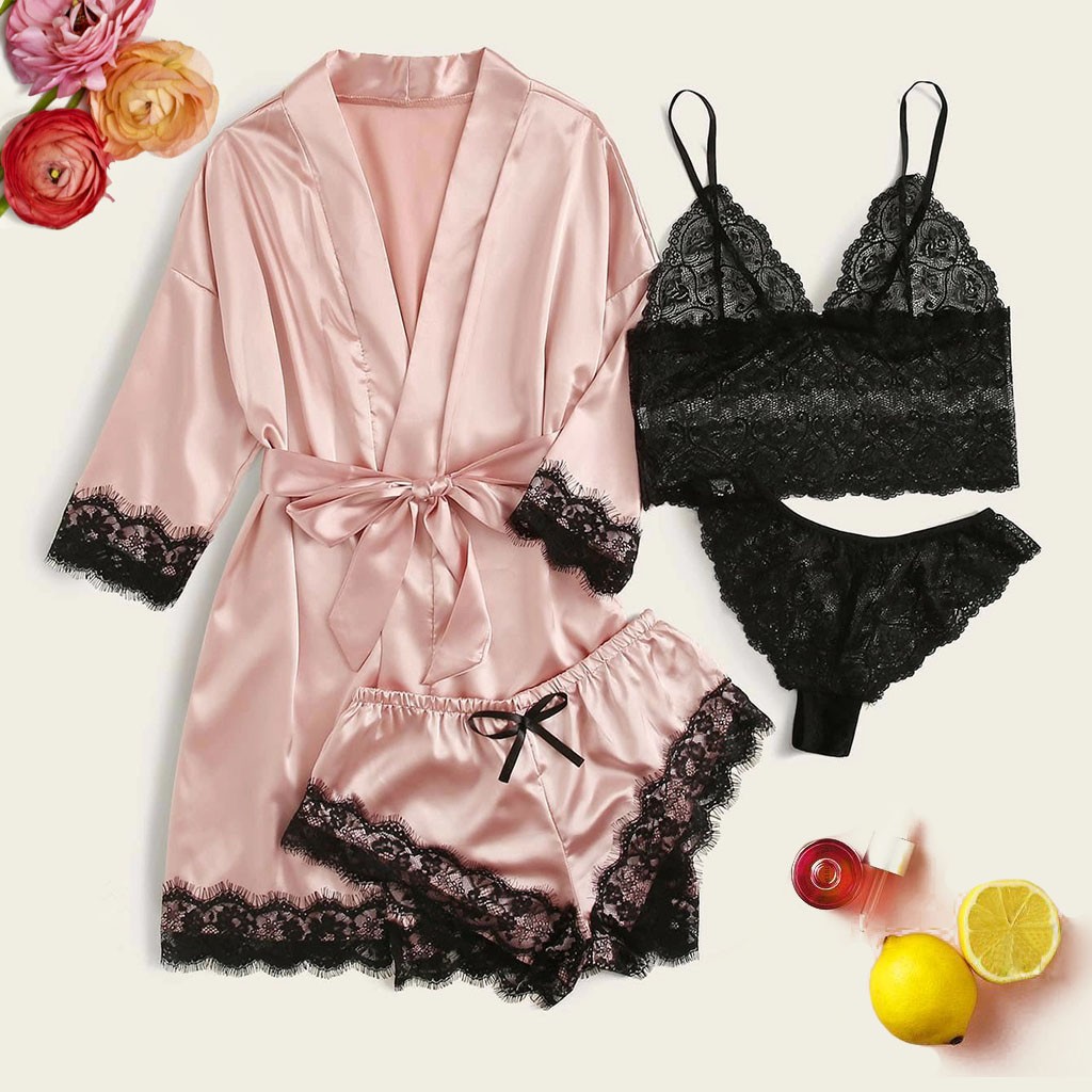 4pc Women Black Lace Satin Bra Camisole Panties Pink Shorts Robe Pajamas Sleepwear Bandage Lingerie Set Nightwear #T2G