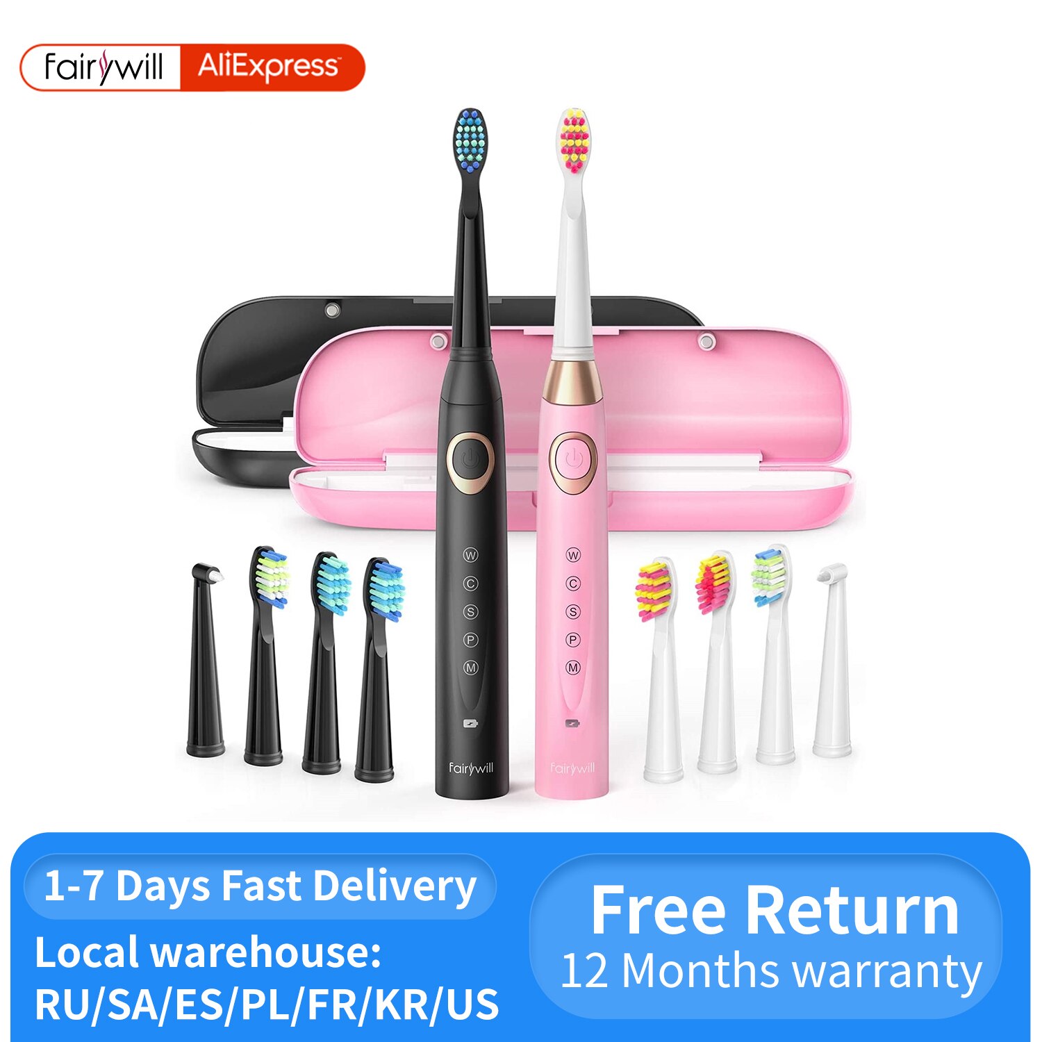 Fairywill – Brosses à dents électriques Sonic pour adultes et enfants,appareil de blanchiment rechargeable avec minuterie intelligente et 10 têtes de rechange, 5 modes de nettoyage,