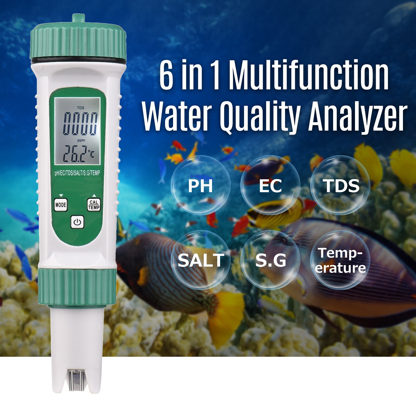 Digital Water Tester 6 in 1 Water Quantity Monitor PH/ EC/ TDS/ SALT/ S.G/ Temperature Portable Testing Meter Analyzer