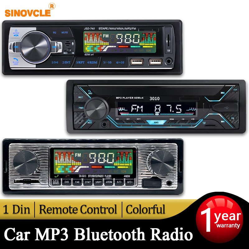 SINOVCLE-reproductor de MP3 estéreo para coche, dispositivo de Audio de 1din con Bluetooth, receptor FM 60Wx4 con Control remoto AUX/USB/tarjeta TF en Kit de tablero