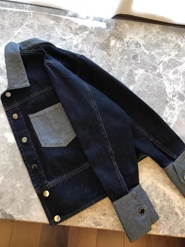 Retro contrasterende kleur revers denim jasje voor dames 2025, herfst losse single-breasted jassen, casual veelzijdige korte top