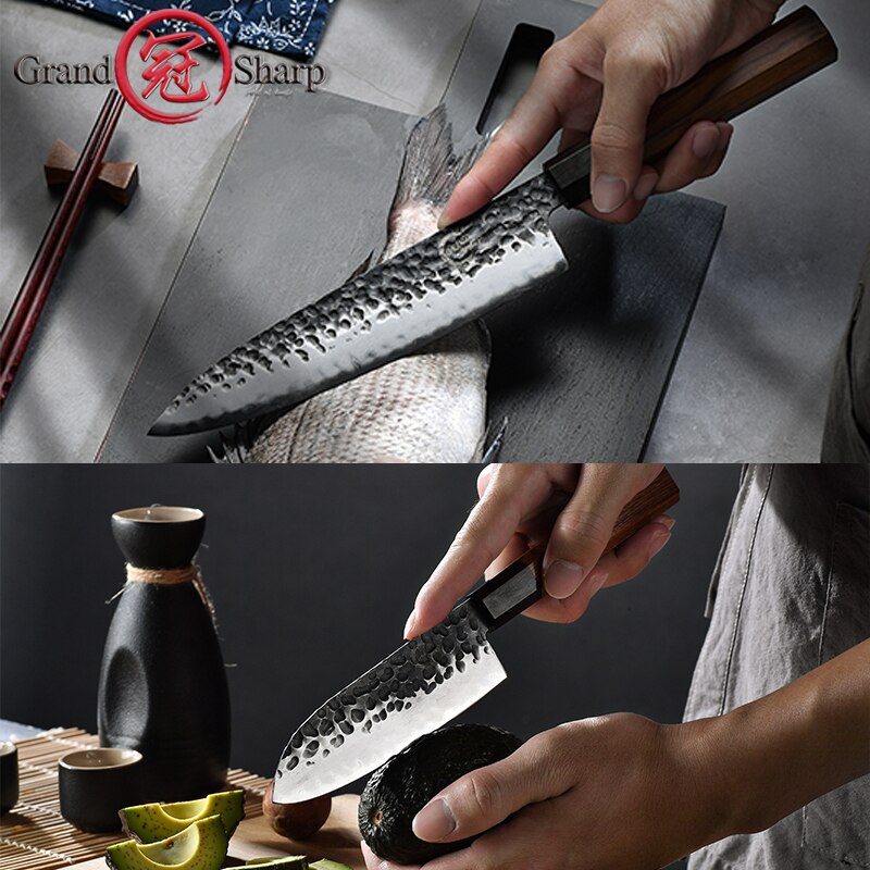 Japanese Chef Knives Set 3 Layers AUS-10 Steel Meat Cleaver Salmon Fish Filleting Santoku Knife GRANDSHARP