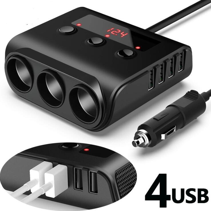 3 Way Car Cigarette Lighter Adapter 12V-24V 100W Socket Splitter Plug LED 4 USB Charger Adapter for Phone MP3 DVR