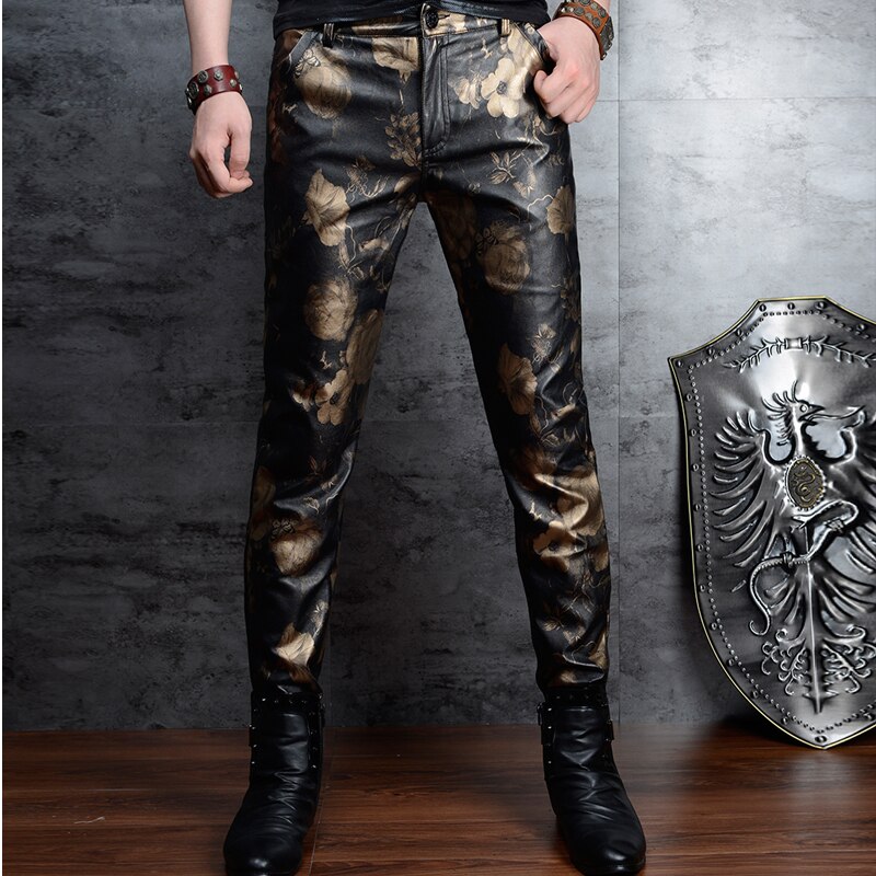 Pantalon en similicuir homme, imprimé floral, bonne pour motard, Skinny 28-36, fermeture éclair, style décontracté