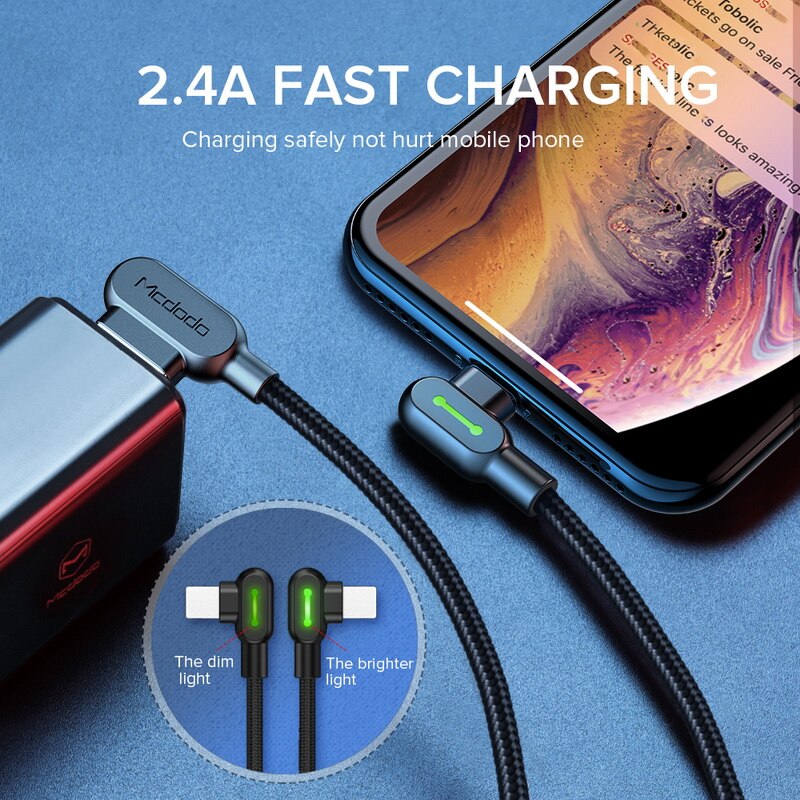 Cabo usb mcdodo de 1.8m para celular, fio com led para carregamento rápido e dados para iphone x, 8, 7, 6, 5, 6s cabo carregador para iphone 11, pro, xs max, xr, x