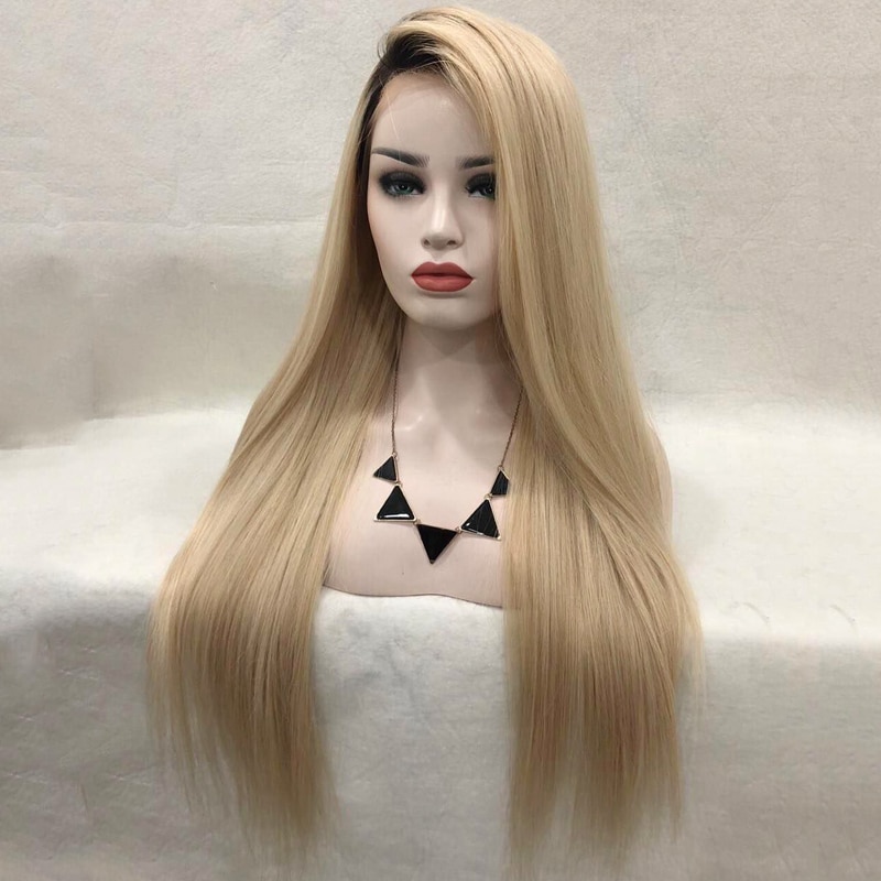 Peluca de pelo largo liso carisma Rubio degradado, peluca sintética con malla frontal, con raíces negras, malla con división lateral, peluca con malla frontal s para mujer