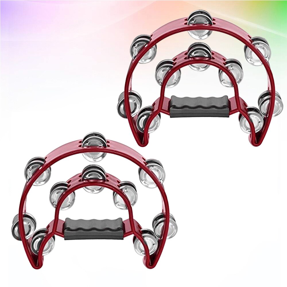2pcs Double Row Tambourine Half Moon Metal Musical Jingles Tambourine Hand Held Rattle for Bar Party (Red)