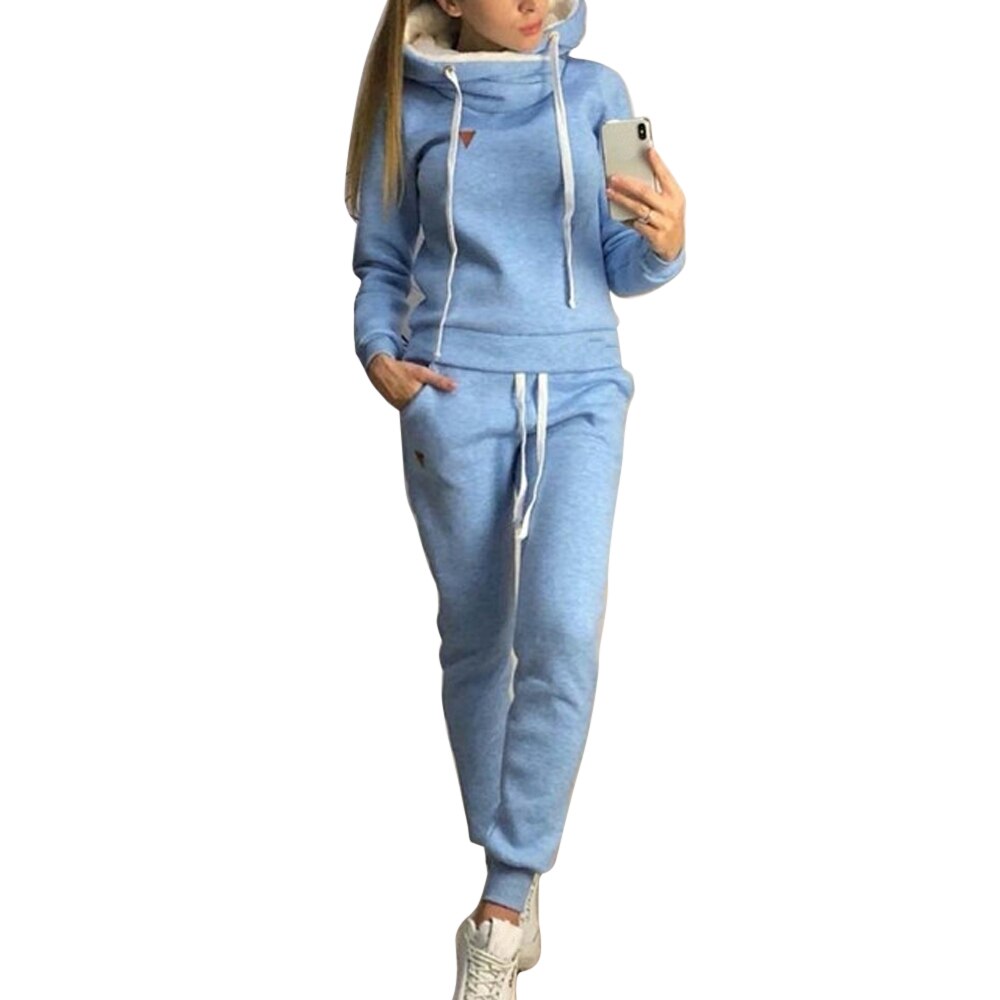 2 Piece Winter Tracksuit Warm Sportwear Sets Women Autumn Hooded Sweatshirt Sets Sport Hoodies + Casual Jogging: Blue / XXL