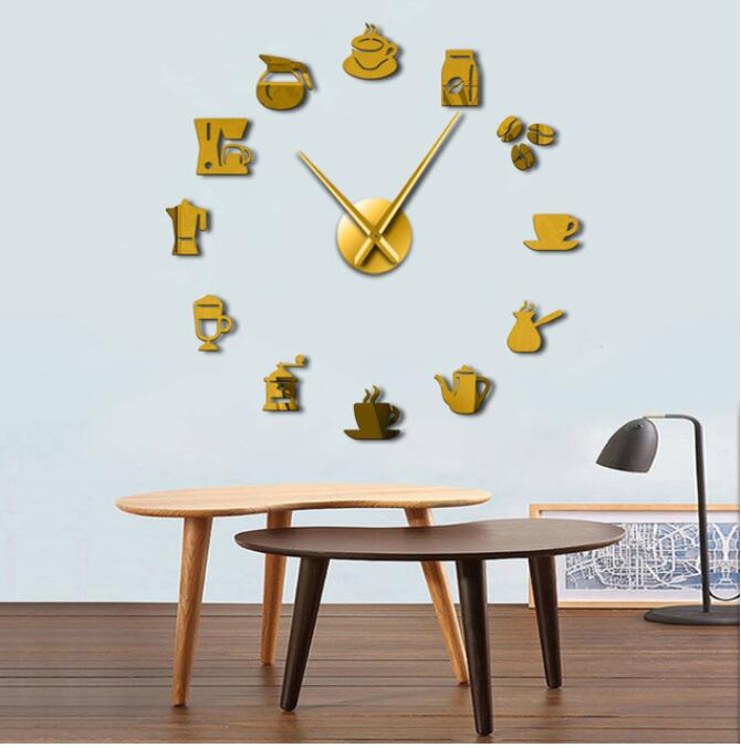 Coffee Signs Modern Kitchen Clock 3D DIY Size Adjustable Wall Clock Watch Quartz Acrylic Mirror Sticker Coffee Bean Clock: Gold / 47inch