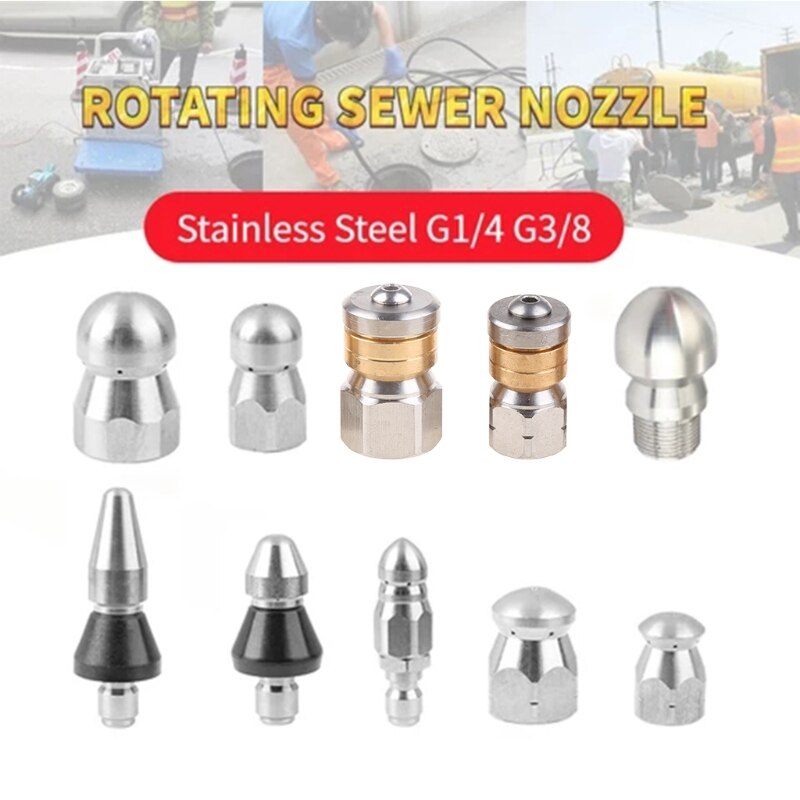 High Pressure Washer Stainless Steel Accessories G1 / 8 " G1 / 4 " G 3 / 8" Drain Sewer Cleaning Jetter Rotary Nozzle