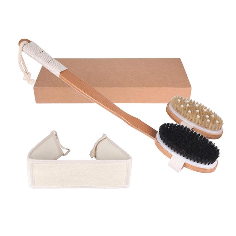 3pcs Dry Body Brushing Set Natural Bristle Bamboo Handle Shower Bath Brush