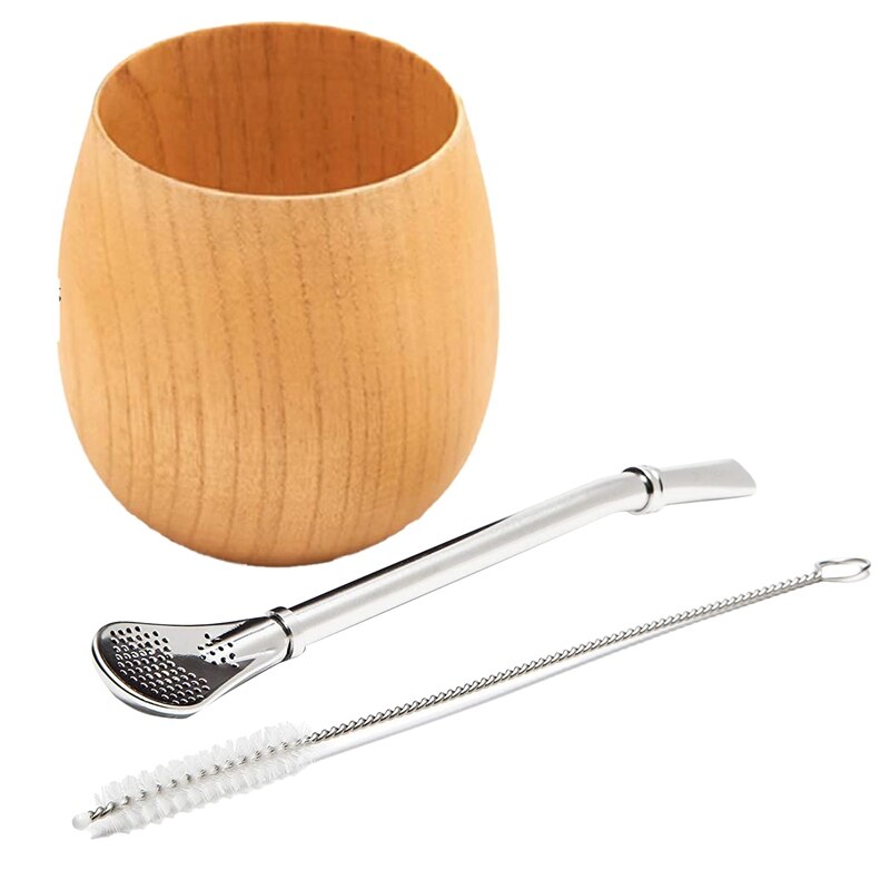 Houten Yerba Kalebas Mate Thee Set Handgemaakte Natuurlijke Hout Koffie Water Mate Cup Met Lepel Stro Bombilla Borstel 200Ml