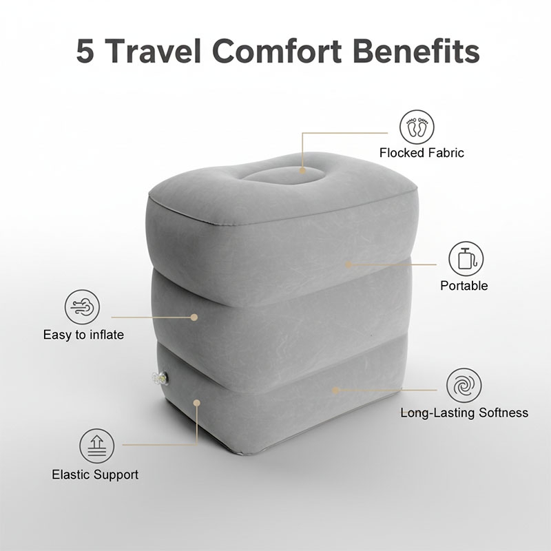 1pc Three-Layer Flocked Pvc Inflatable Footstool Adjustable Portable Ergonomic Footrest Pillow for Train Plane Air Cushion