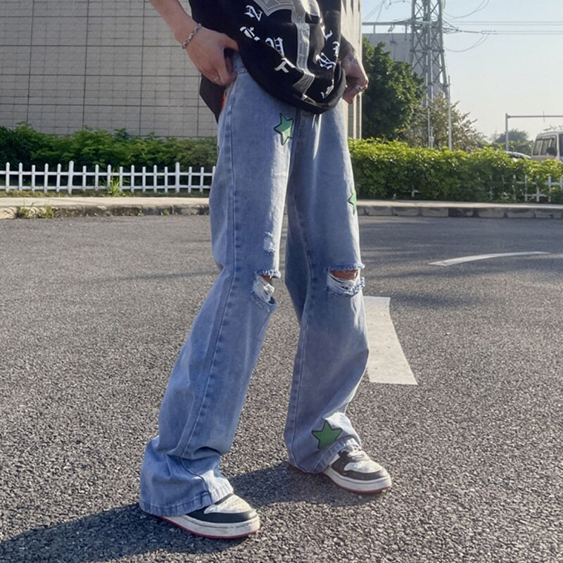 Pu wyszywane litery poszarpane dziury proste dżinsy dla mężczyzn główna ulica myte retro łączone dorywczo spodnie jeansowe luźne ponadgabarytowe