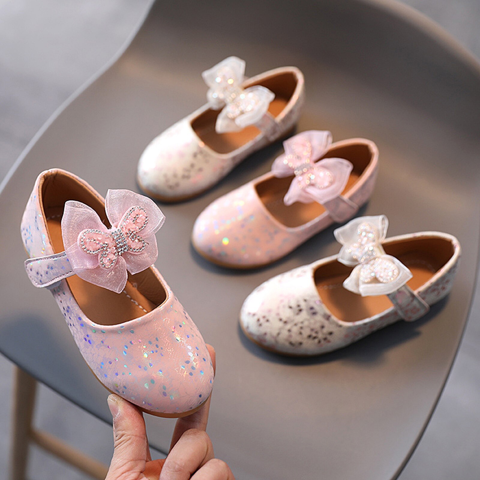 Crystal Flat Heel Girls Single Shoes Butterfly Shoe Children Girls Crystal Butterfly-knot Princess Shoes Single Shoes#g30
