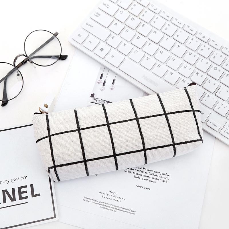 Canvas Pencil Case School Pencil Bag Pencilcase Pen Bag Cute Simple Striped Grid Pencil Box School Tools: White